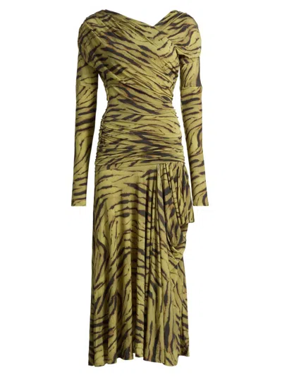 Ganni Women's Zebra-print Ruched Dress In Green