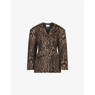 Ganni Womens Antique Bronze Metallic Cloque Jacquard Blazer In Brown