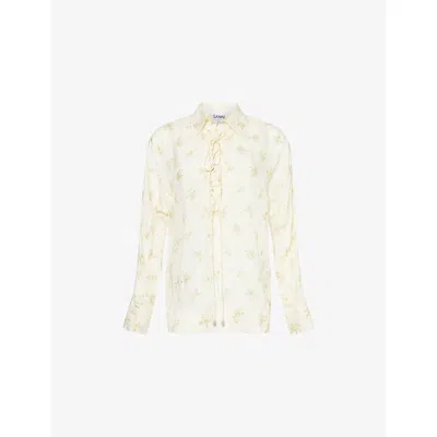 Ganni Womens Antique White Floral-print Long-sleeve Woven Shirt