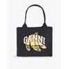Ganni Womens Black Banana-print Large Cotton Shopper Bag