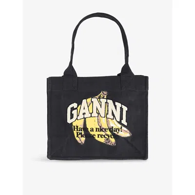 Ganni Womens Black Banana-print Large Cotton Shopper Bag
