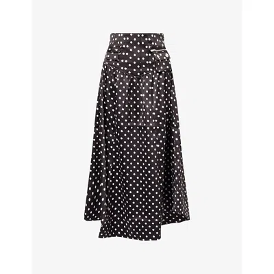 Ganni Gathered Polka-dot Recycled Satin Midi Skirt In Black