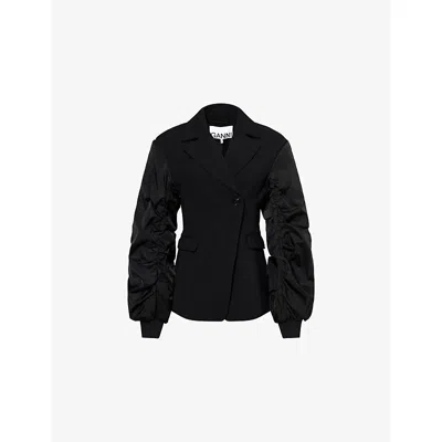 Ganni Womens  Bonded Ruched-sleeves Woven Blazer In Black