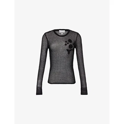 Ganni Womens Black Embroidered Crochet-knit Cotton Top