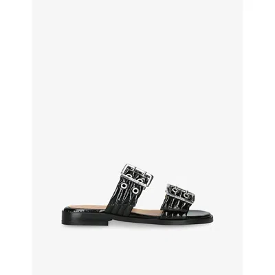 GANNI WOMENS BLACK FEMININE BUCKLE TWO-STRAP VEGAN LEATHER SANDALS EUR 41 / 8 UK