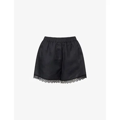 Ganni Womens Black Lace Hem Linen Shorts