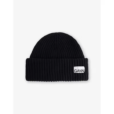 Ganni Womens Black Logo-patch Wool-blend Beanie Hat