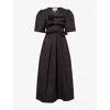 Ganni Womens Black V-neck Gathered Cotton Midi Dress