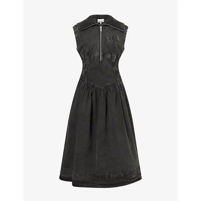Ganni Womens Black Zip-up Sleeveless Cotton Midi Dress