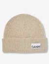 Ganni Womens Brazilian Sand Logo-patch Wool-blend Beanie Hat In Brazilian Sand
