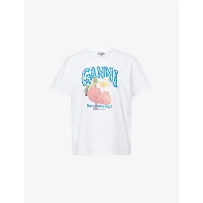 Ganni Womens Bright White Jersey Strawberry Printed Round-neck Cotton-jersey T-shirt In Multi
