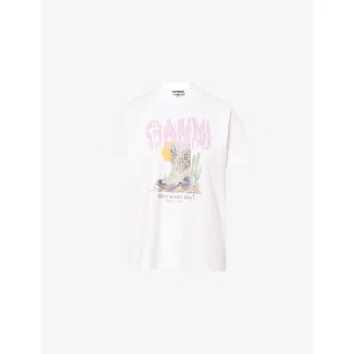 Ganni Womens Bright White Relaxed-fit Logo-print Cotton T-shirt