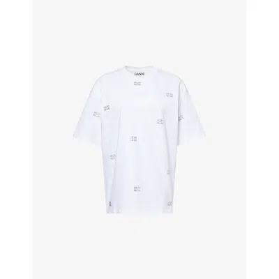 Ganni Womens Bright White Rhinestone-embellished Cotton T-shirt