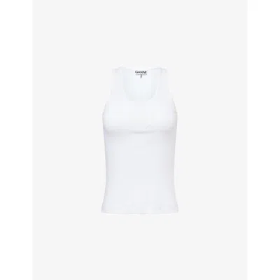 Ganni Womens Bright White The Scoop-neck Pointelle-knit Cotton Tank Top In Animal Print