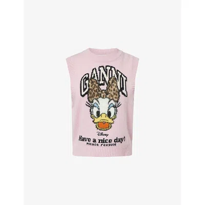 Ganni Womens  Graphic Round-neck Wool-blend Vest In Pink