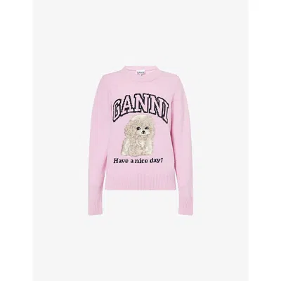 Ganni Womens Chalk Pink Poodle Logo-motif Wool-blend Knit Jumper Xs