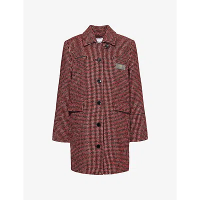 Ganni Womens Racing Red Check Midi Recycled-wool And Recycled-polyester Blend Jacket
