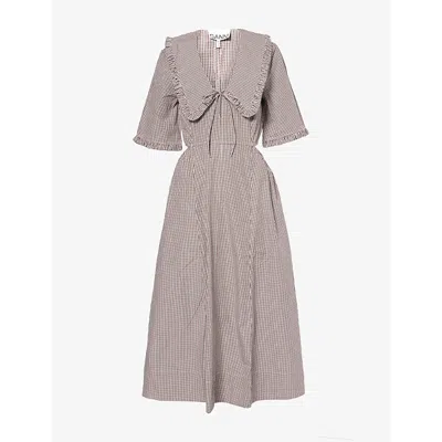 Ganni Womens Checked Cut-out Cotton Midi Dress Chicory Coffee In Gray