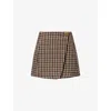 Ganni Womens Chicory Coffee Checked Gold-toned Button Wool-blend Mini Skirt In Brown