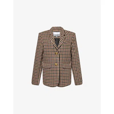 Ganni Single-breasted Checked Blazer In Brown