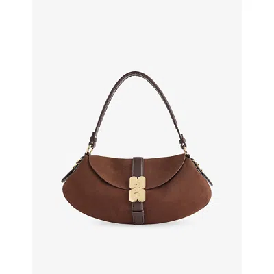 Ganni Womens Chicory Coffee Kat Baguette Suede Shoulder Bag In Brown