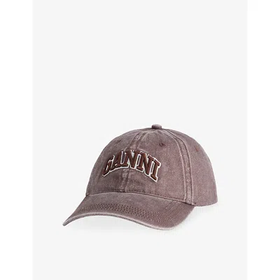 GANNI WOMENS CHOCOLATE PLUM LOGO-EMBROIDERED WASHED COTTON-CANVAS BASEBALL CAP