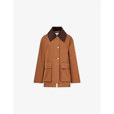 Ganni Womens Cinnamon Swirl Oversized Contrasting-collar Twill Jacket Xxs In Brown