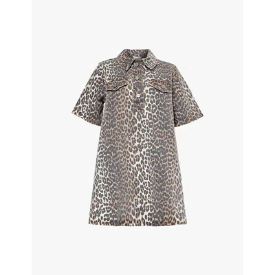 Ganni Womens Collar Leopard-print Stretch Organic-denim Mini Dress