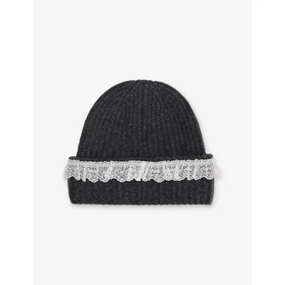 Ganni Womens Compact Lace-edge Trim Wool Beanie Phantom In Gray