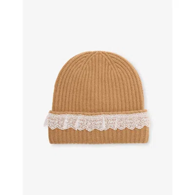 Ganni Womens Compact Lace-trim Wool Beanie Tigers Eye In Brown