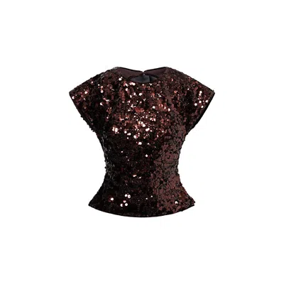 Ganni Womens Demitasse Bow-embroidered Sequin-embellished Velvet Top In Brown