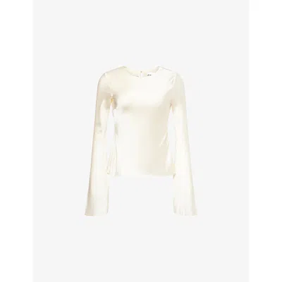 Ganni Womens Bell-sleeves Curved-neckline Satin Blouse Egret In White