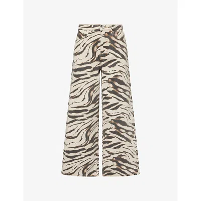 Ganni Womens Egret Lari Zebra-print Wide-leg Cotton Denim Jeans In White