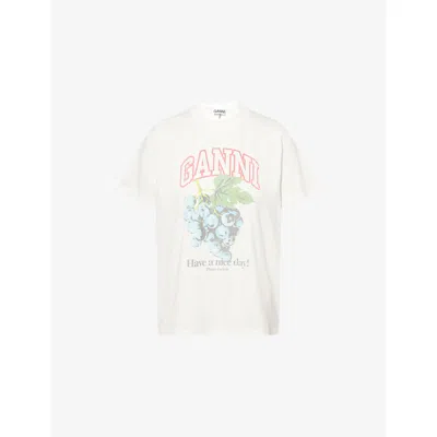 GANNI WOMENS EGRET REGULAR-FIT LOGO-PRINT COTTON-JERSEY T-SHIRT