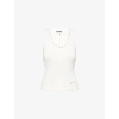 Ganni Womens  Scoop-neck Logo-plaque Ribbed Cotton-jersey Tank Top