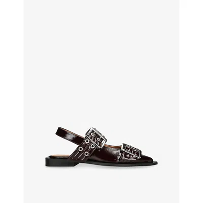 Ganni Womens Wine Buckle Ballerinas Faux Patent-leather Flat Shoes Eur 38/5 Uk In Burgundy