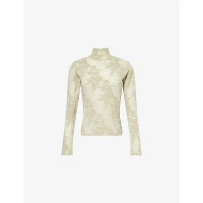 GANNI WOMENS OLIVE NIGHT FLOWER MOCK-NECK KNITTED JUMPER