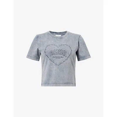 Ganni Womens Phantom Heart-embroidery Round-neck Cotton-jersey T-shirt