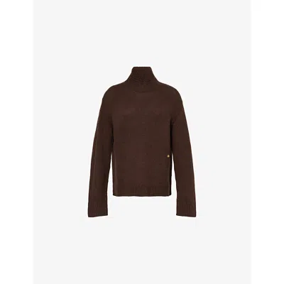 GANNI WOMENS SHAVED CHOCOLATE HIGH-NECK OPEN-BACK WOOL-BLEND JUMPER