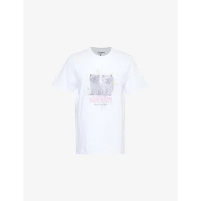 GANNI WOMENS BRIGHT WHITE KITTENS RELAXED-FIT COTTON JERSEY T-SHIRT