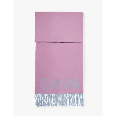 Ganni Womens Lilac Chiffon Logo-pattern Fringed Wool Scarf