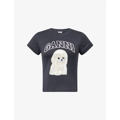 Ganni Black Logo-print T-shirt In Blue