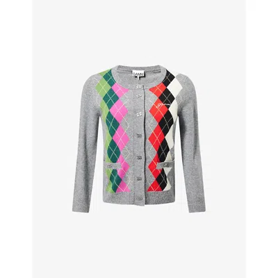 Ganni Womens Paloma Melange Rhombus-print Round-neck Wool And Cashmere Cardigan In Gray