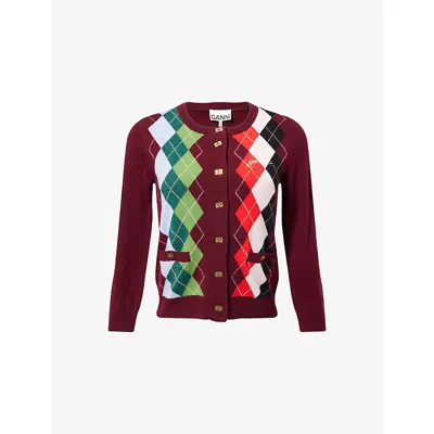 Ganni Womens Tawny Port Rhombus-print Round-neck Wool And Cashmere Cardigan Xl In Multi