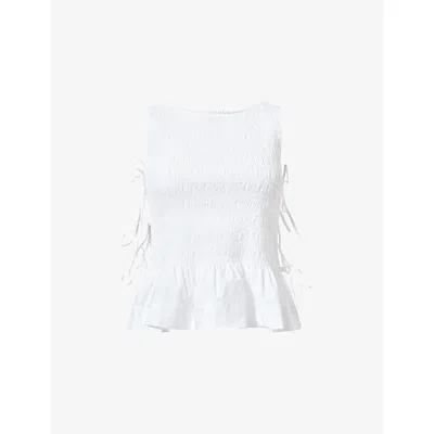 Ganni Womens Bright White Shirred Scoop-neck Cotton-poplin Top
