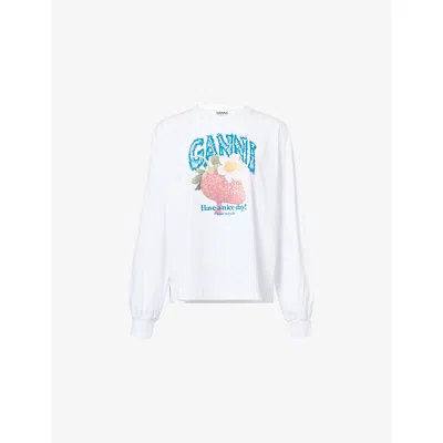 Ganni Womens Bright White Strawberry-print Long-sleeve Cotton-jersey T-shirt Xs