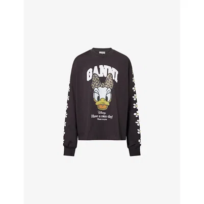 Ganni Womens  X Disney Daisy Duck Round-neck Cotton-jersey Sweatshirt In Black