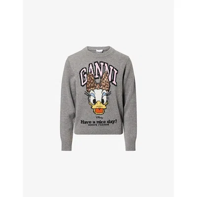 Ganni Womens  X Disney Daisy Duck Round-neck Wool-blend Jumper In Gray