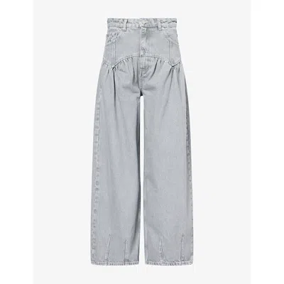 Ganni Womens Gathered-trim Wide-leg Denim Jeans Light Grey Stone In Blue