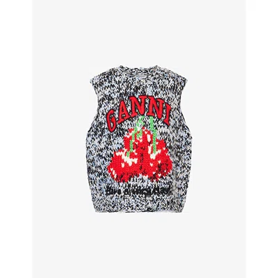 Ganni Womens Glacier Lake Relaxed-fit Embroidered-logo Wool Vest In Gray